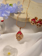 Ruby Pink Floral Polki Pendant Necklace Set with Matching Stud Earrings – Rose Gold Finish - Ruby Pink Floral Polki Pendant Necklace Set with Matching Stud Earrings – Rose Gold Finish (2)