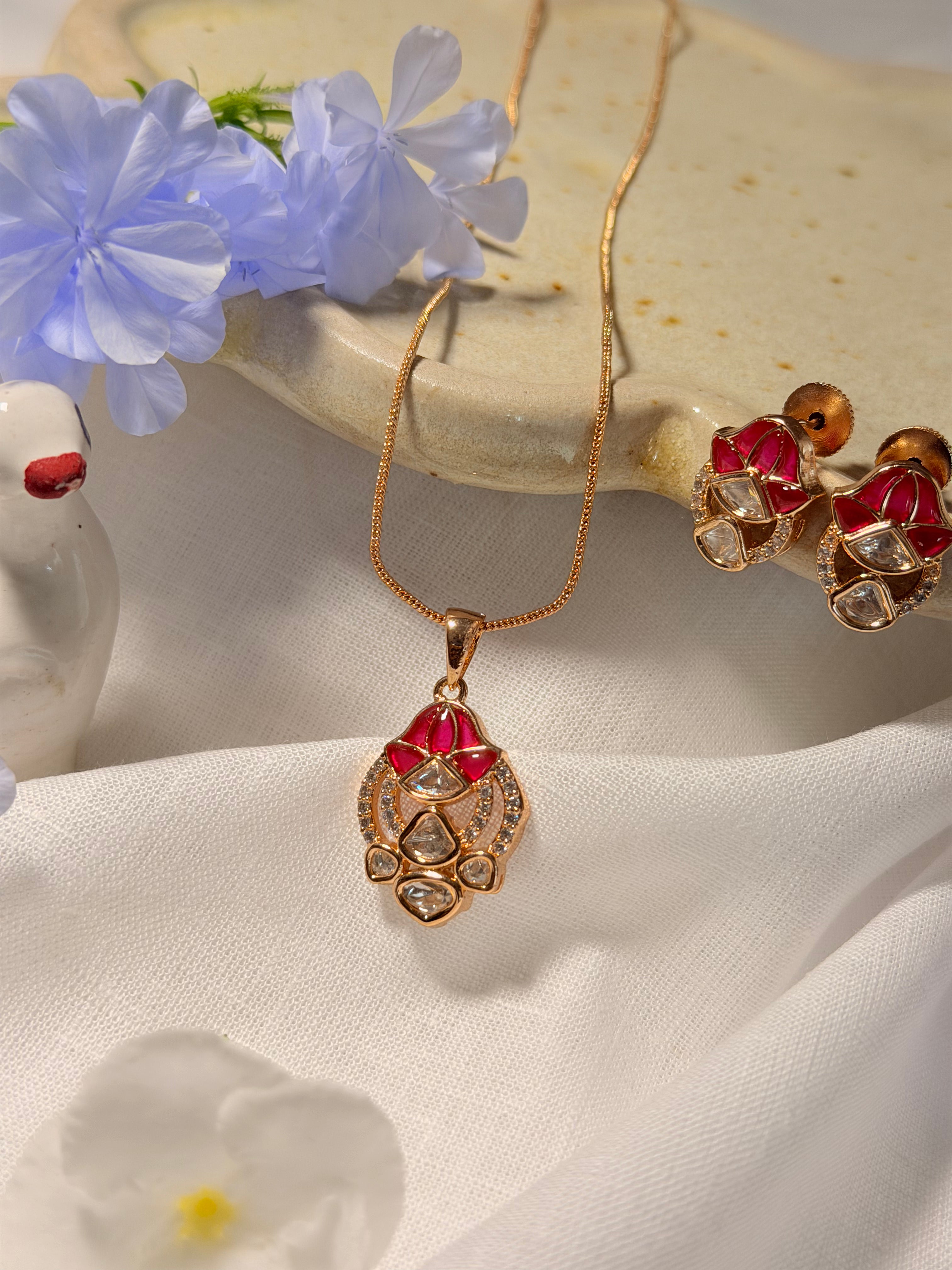 Ruby Pink Floral Polki Pendant Necklace Set with Matching Stud Earrings – Rose Gold Finish - Ruby Pink Floral Polki Pendant Necklace Set with Matching Stud Earrings – Rose Gold Finish (2)