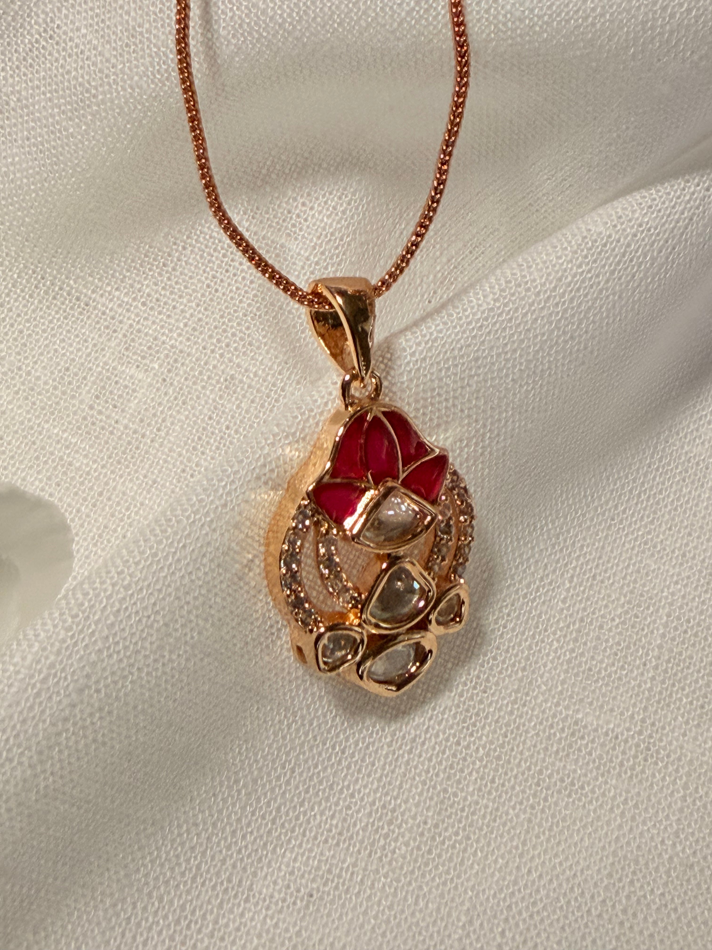 Ruby Pink Floral Polki Pendant Necklace Set with Matching Stud Earrings – Rose Gold Finish - Ruby Pink Floral Polki Pendant Necklace Set with Matching Stud Earrings – Rose Gold Finish (3)