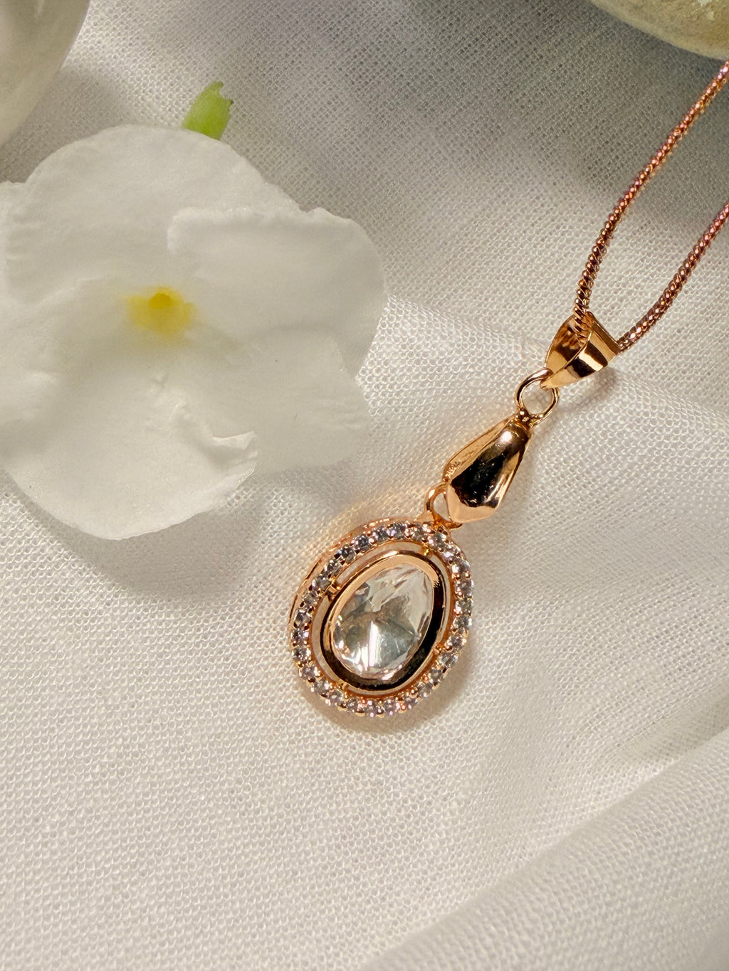 Classic Polki Solitaire Pendant Necklace Set with Halo Stud Earrings – Gold Finish - Classic Polki Solitaire Pendant Necklace Set with Halo Stud Earrings – Gold Finish (3)