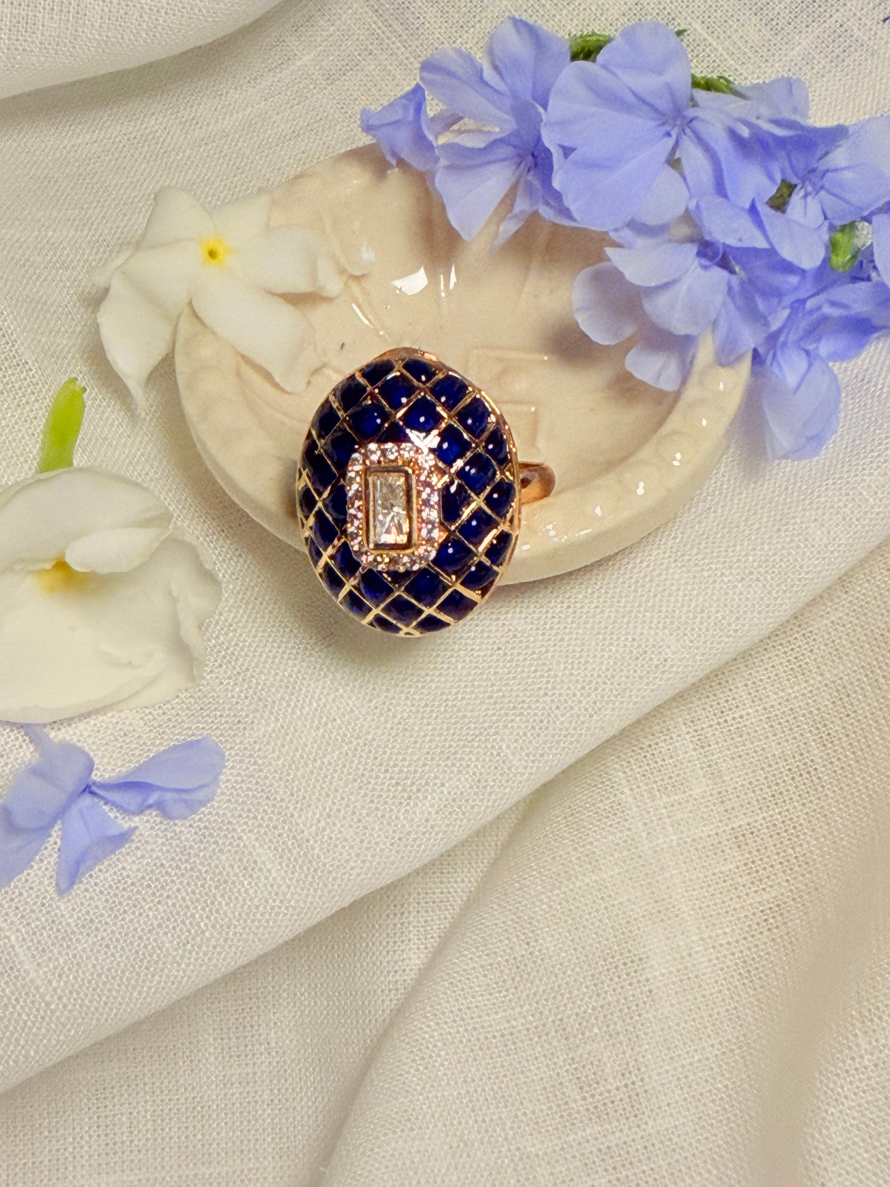 Nayantara Meenakari Polki Statement Ring – Gold Finish Adjustable Cocktail Ring - Royal Blue (1)