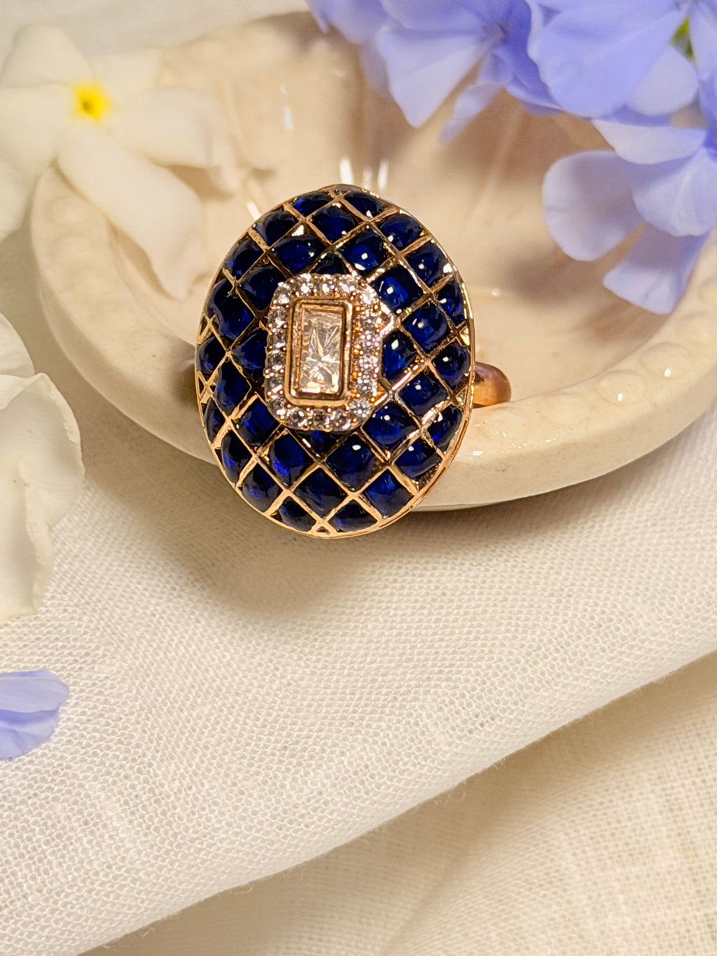 Nayantara Meenakari Polki Statement Ring – Gold Finish Adjustable Cocktail Ring - Royal Blue (2)