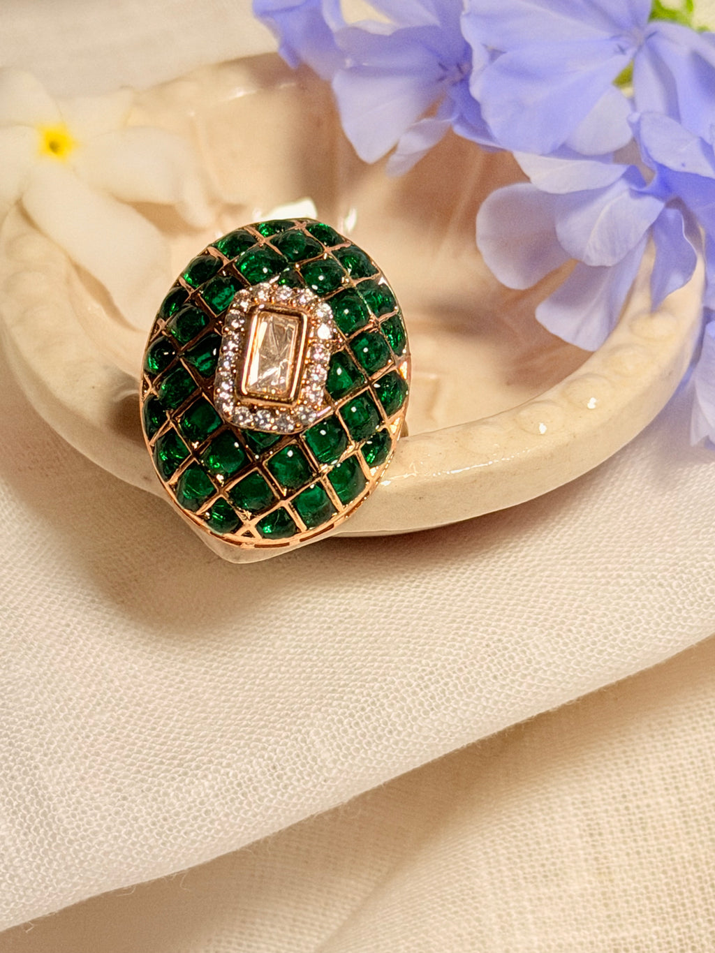 Nayantara Meenakari Polki Statement Ring – Gold Finish Adjustable Cocktail Ring - Emerald Green (1)