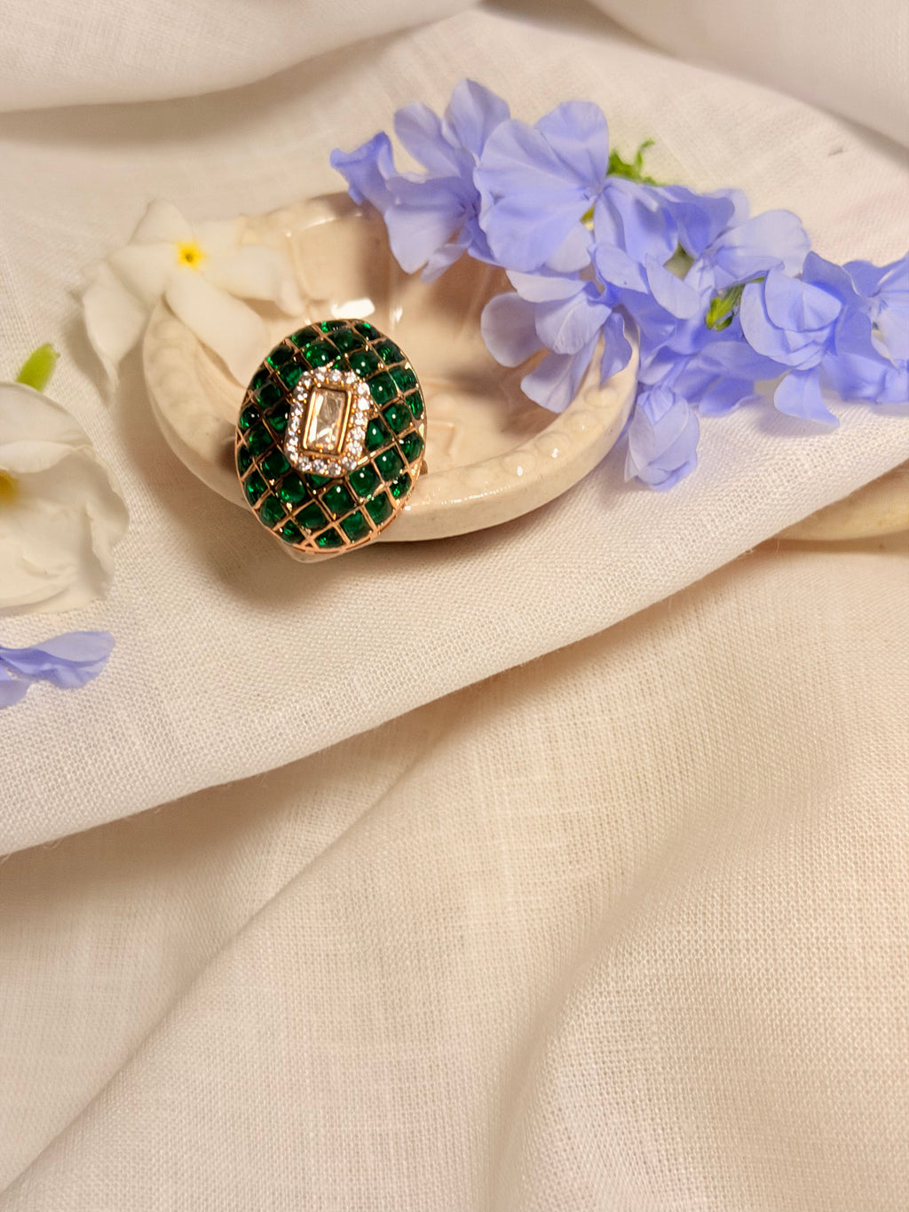 Nayantara Meenakari Polki Statement Ring – Gold Finish Adjustable Cocktail Ring - Emerald Green (2)