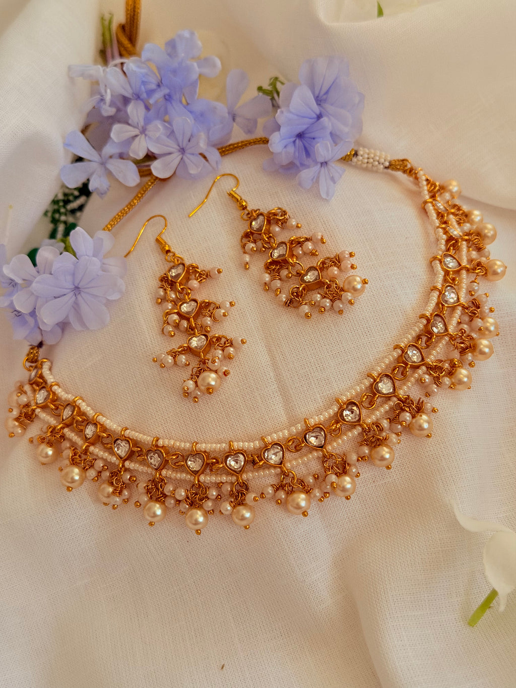 Elaria Heart Pearl Necklace Set - White (1)