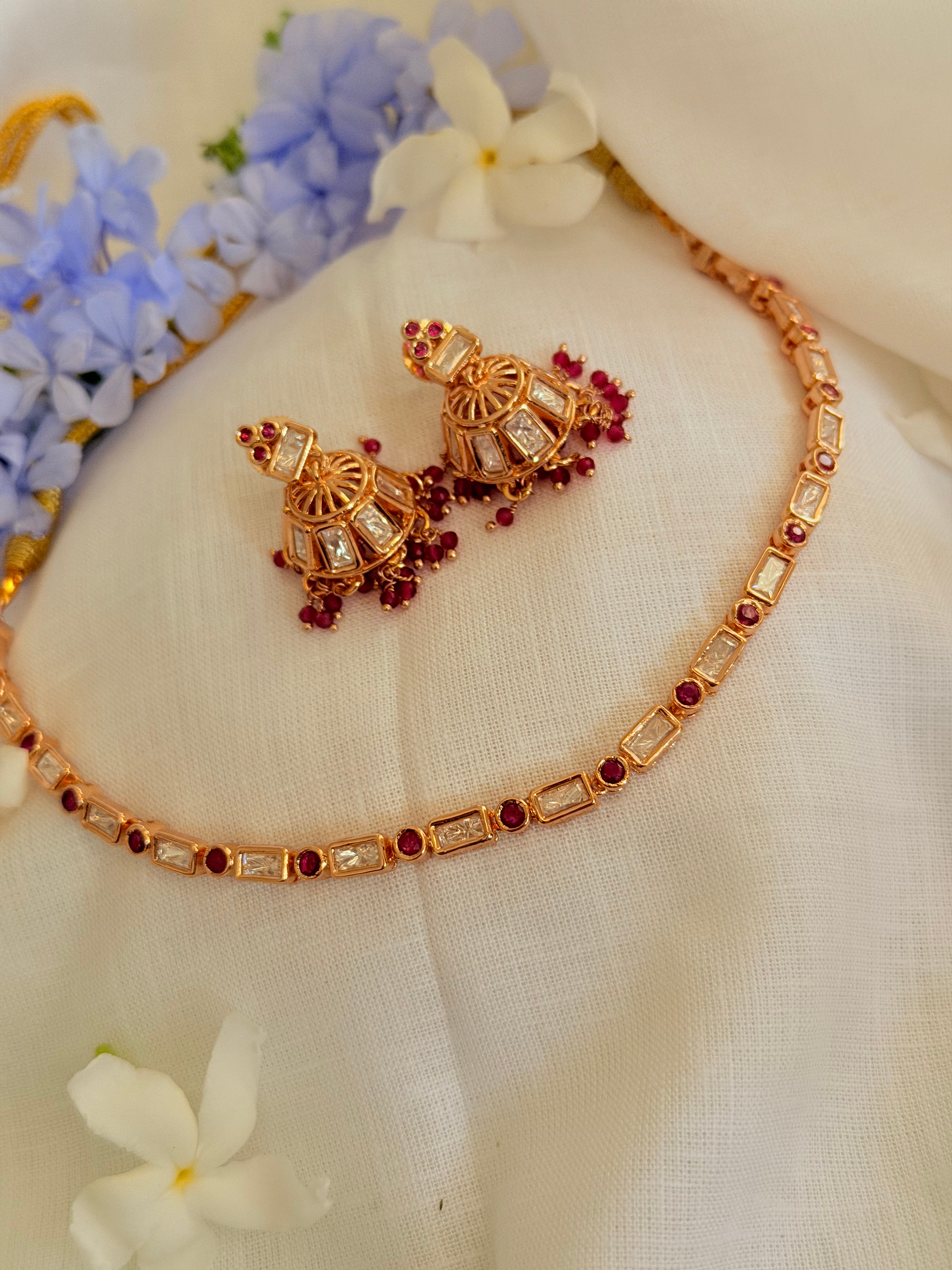 Nyra Baguette Necklace Set - Ruby (1)