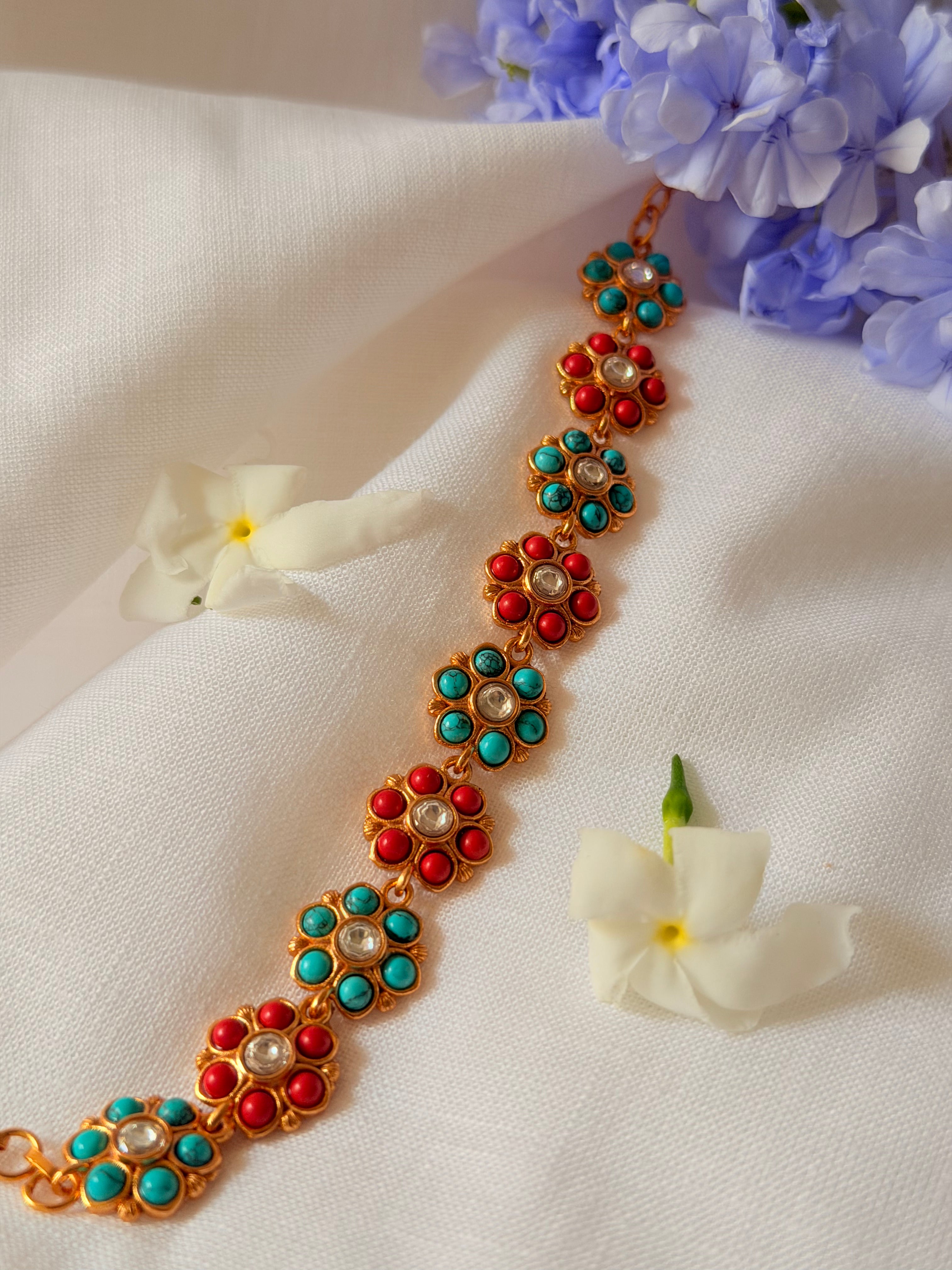 Marisca Convertible Floral Bracelet Choker - Turquoise & Coral (1)