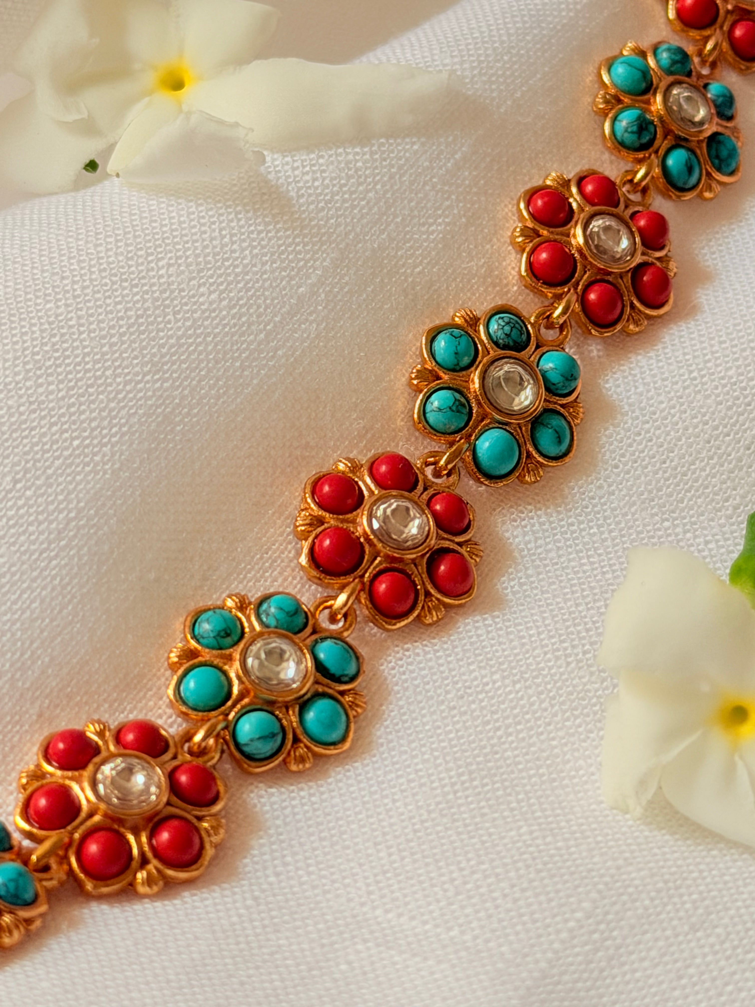 Marisca Convertible Floral Bracelet Choker - Turquoise & Coral (2)