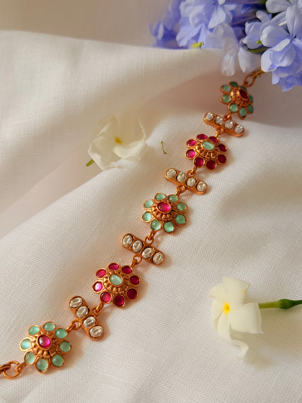 Zafrina Convertible Floral Bracelet Choker - Green & Ruby (1)