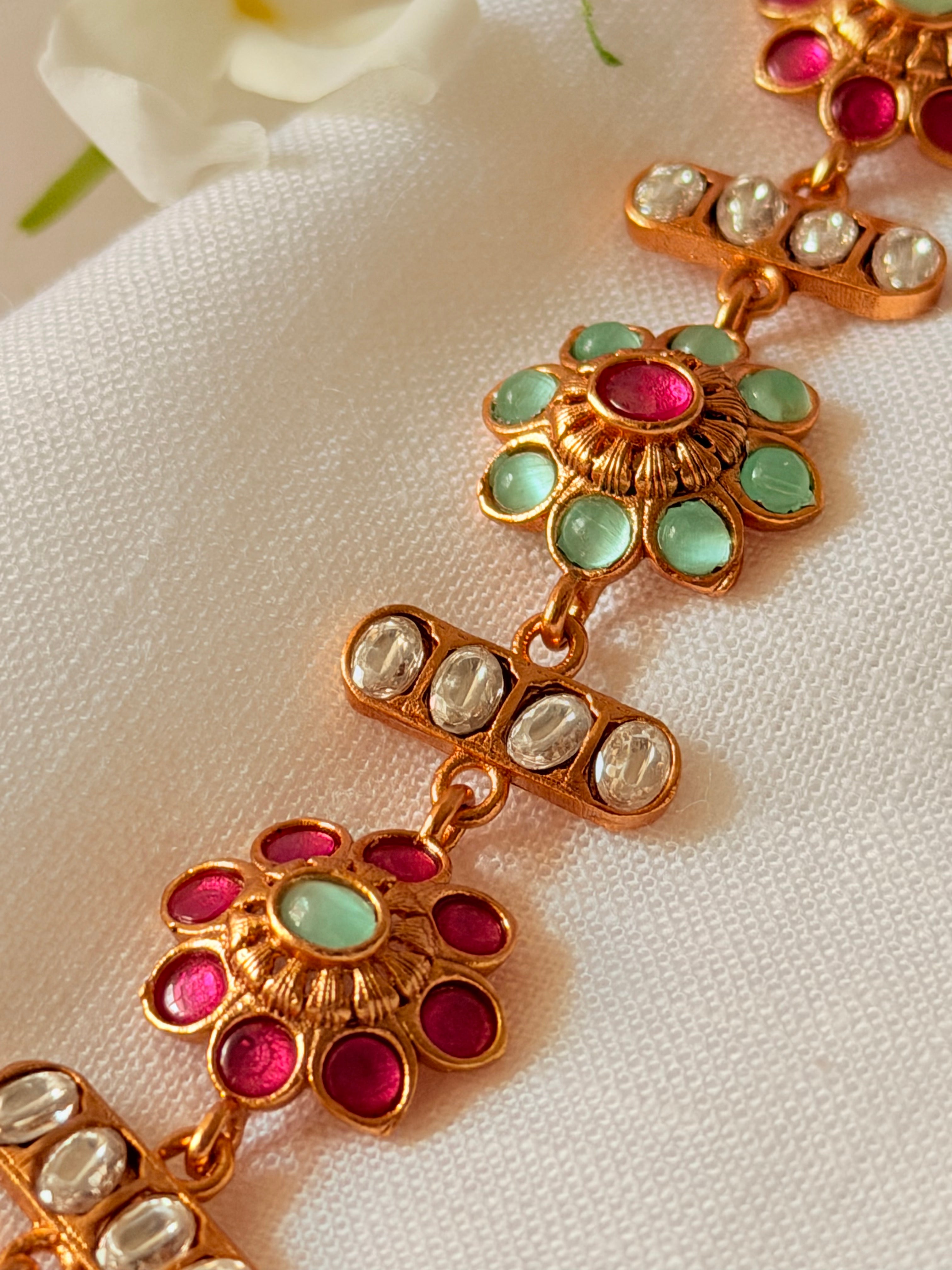 Zafrina Convertible Floral Bracelet Choker - Green & Ruby (2)