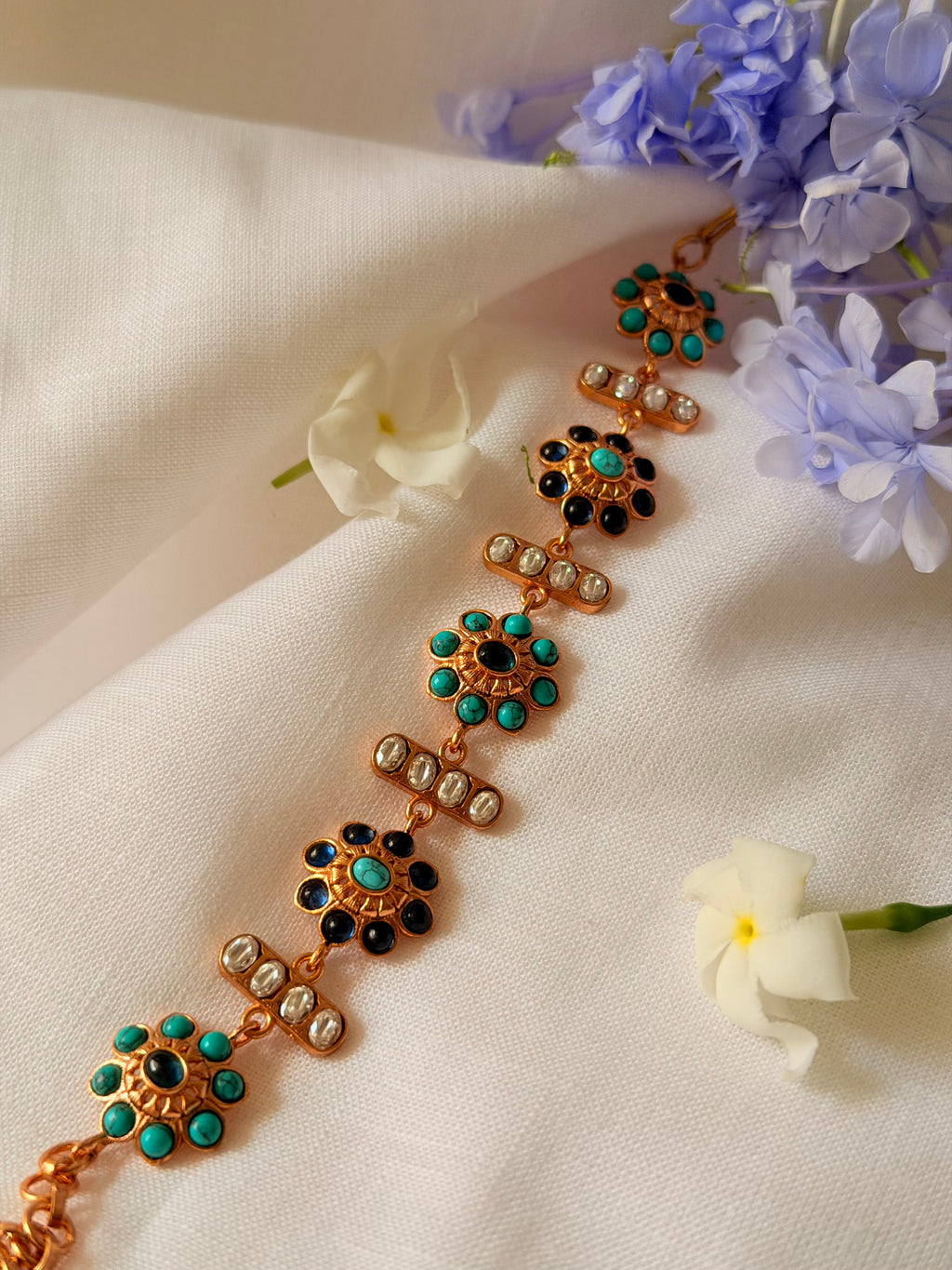 Zafrina Convertible Floral Bracelet Choker - Turquoise & Black (1)