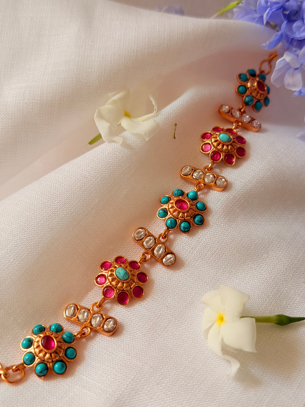 Zafrina Convertible Floral Bracelet Choker - Turquoise & Ruby (1)