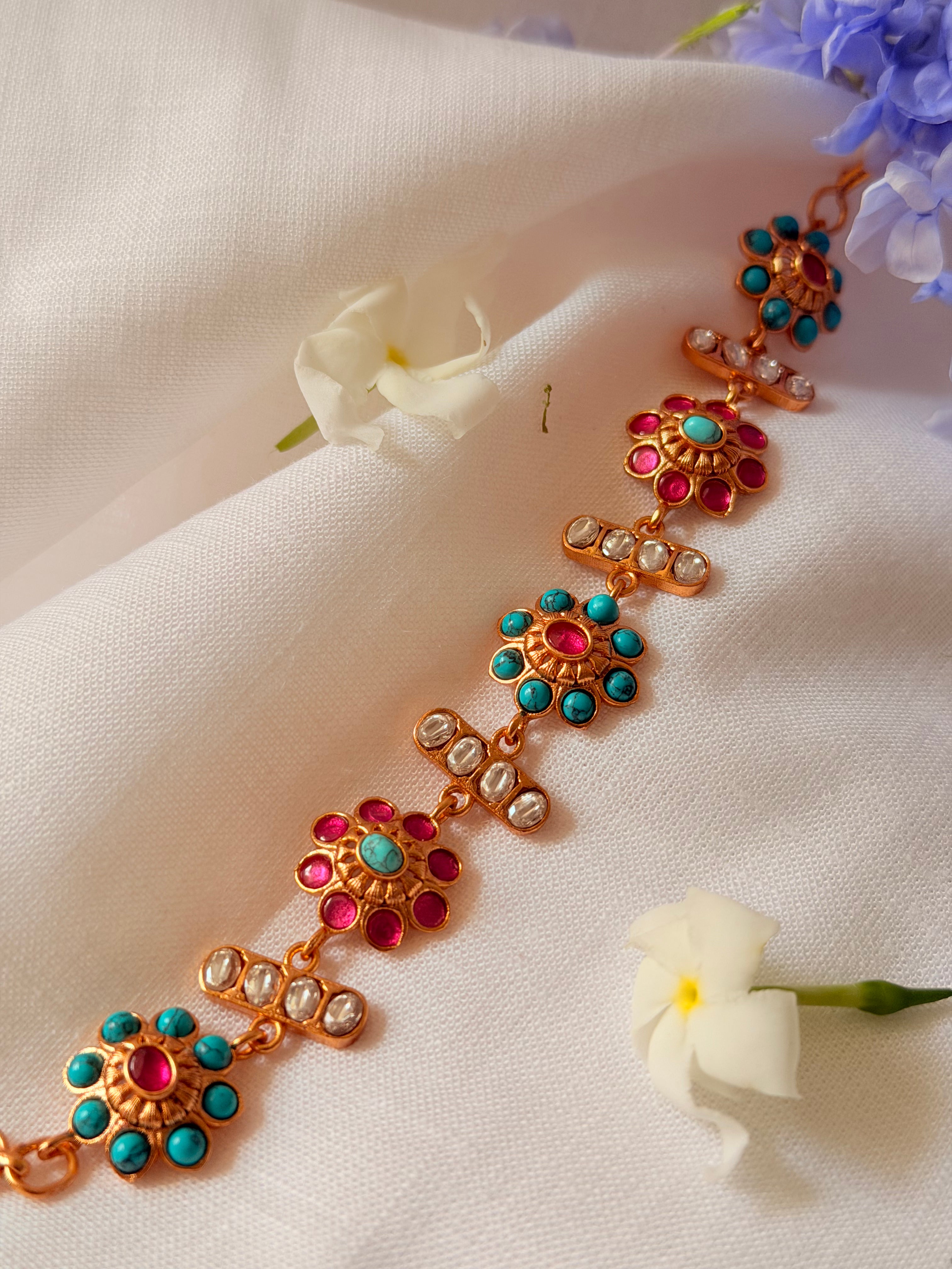 Zafrina Convertible Floral Bracelet Choker - Turquoise & Ruby (1)