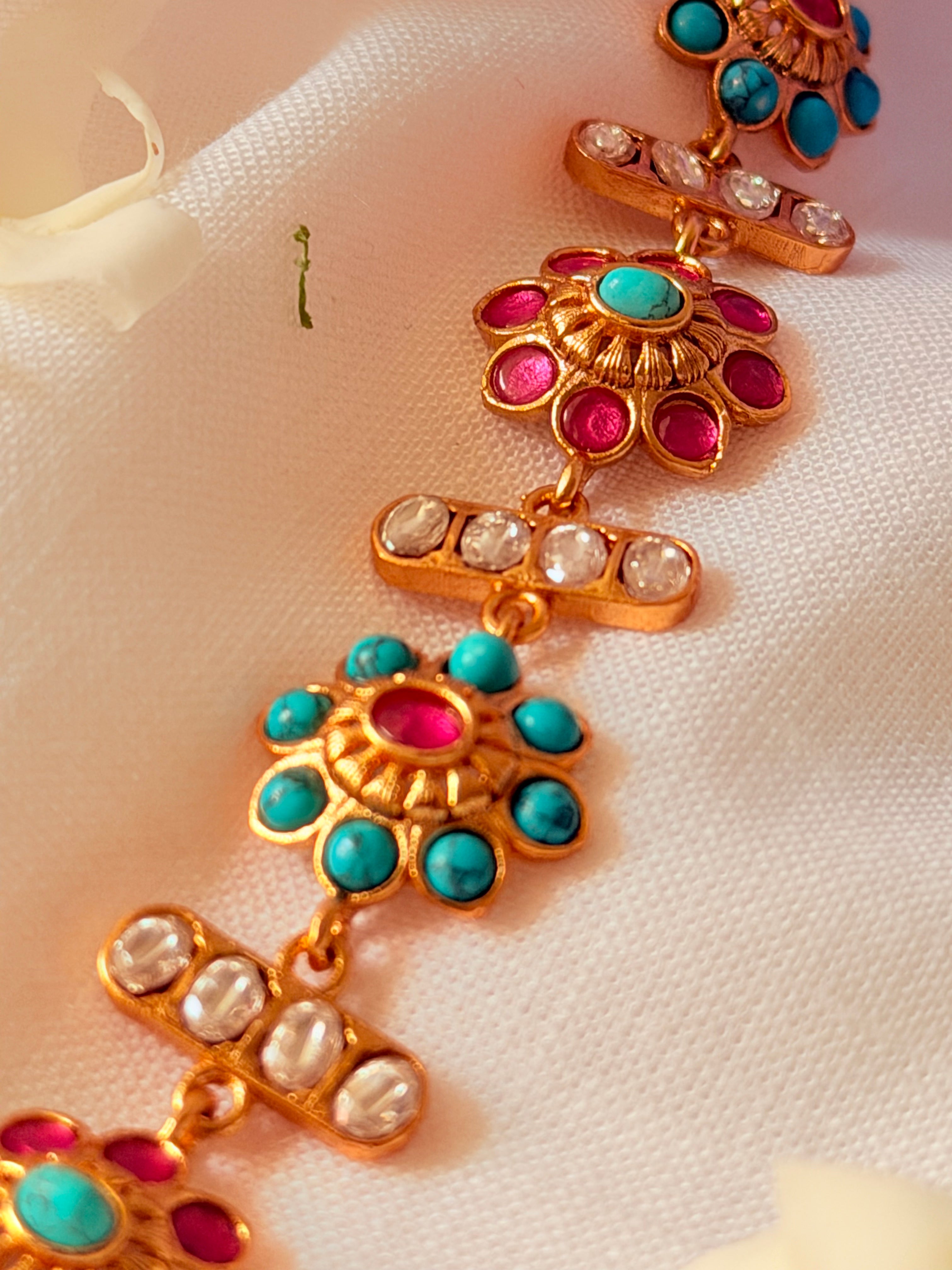 Zafrina Convertible Floral Bracelet Choker - Turquoise & Ruby (2)