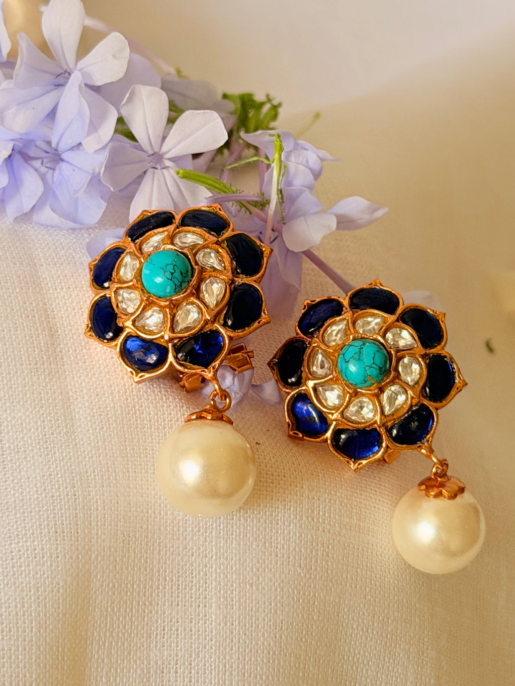 Florienne Polki Pearl Stud Earrings - Midnight Blue & Turquoise (1)