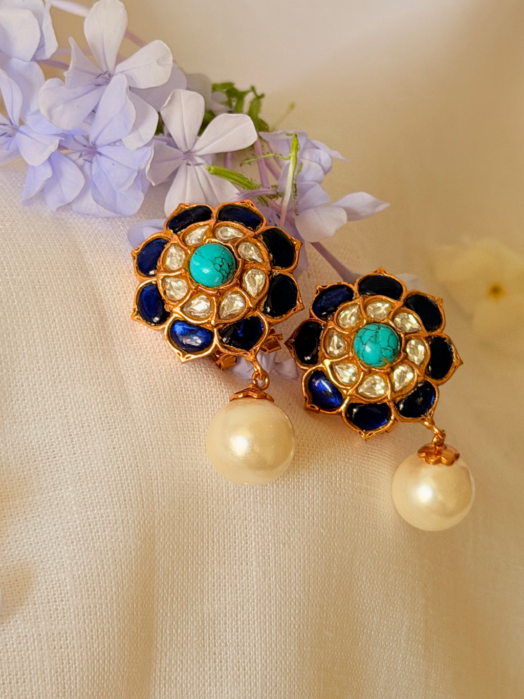 Florienne Polki Pearl Stud Earrings - Midnight Blue & Turquoise (2)
