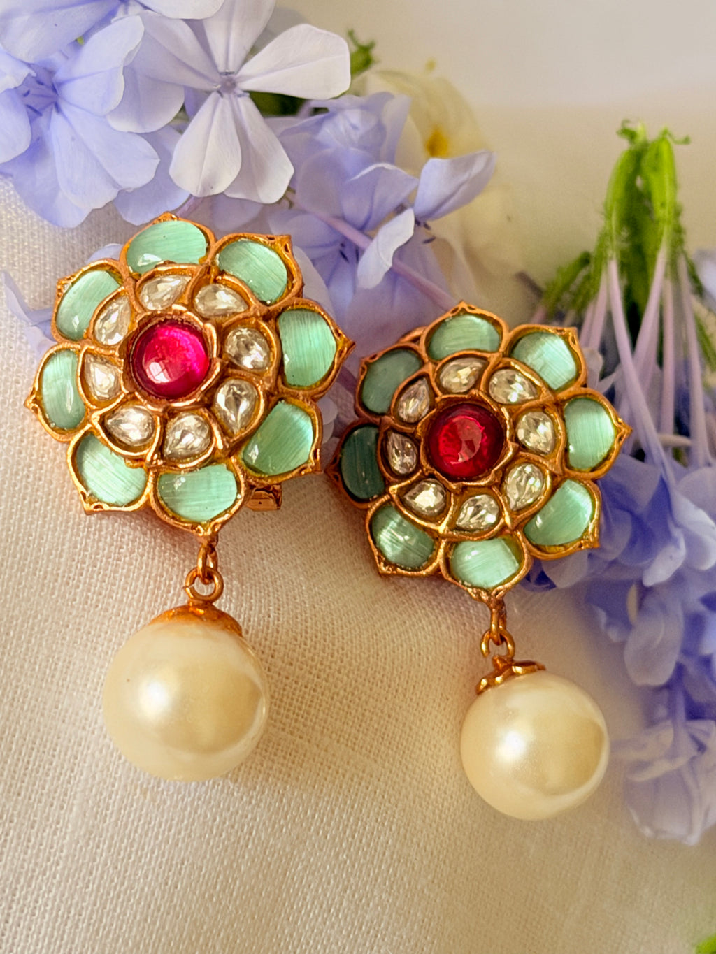 Florienne Polki Pearl Stud Earrings - Mint Green & Ruby (1)