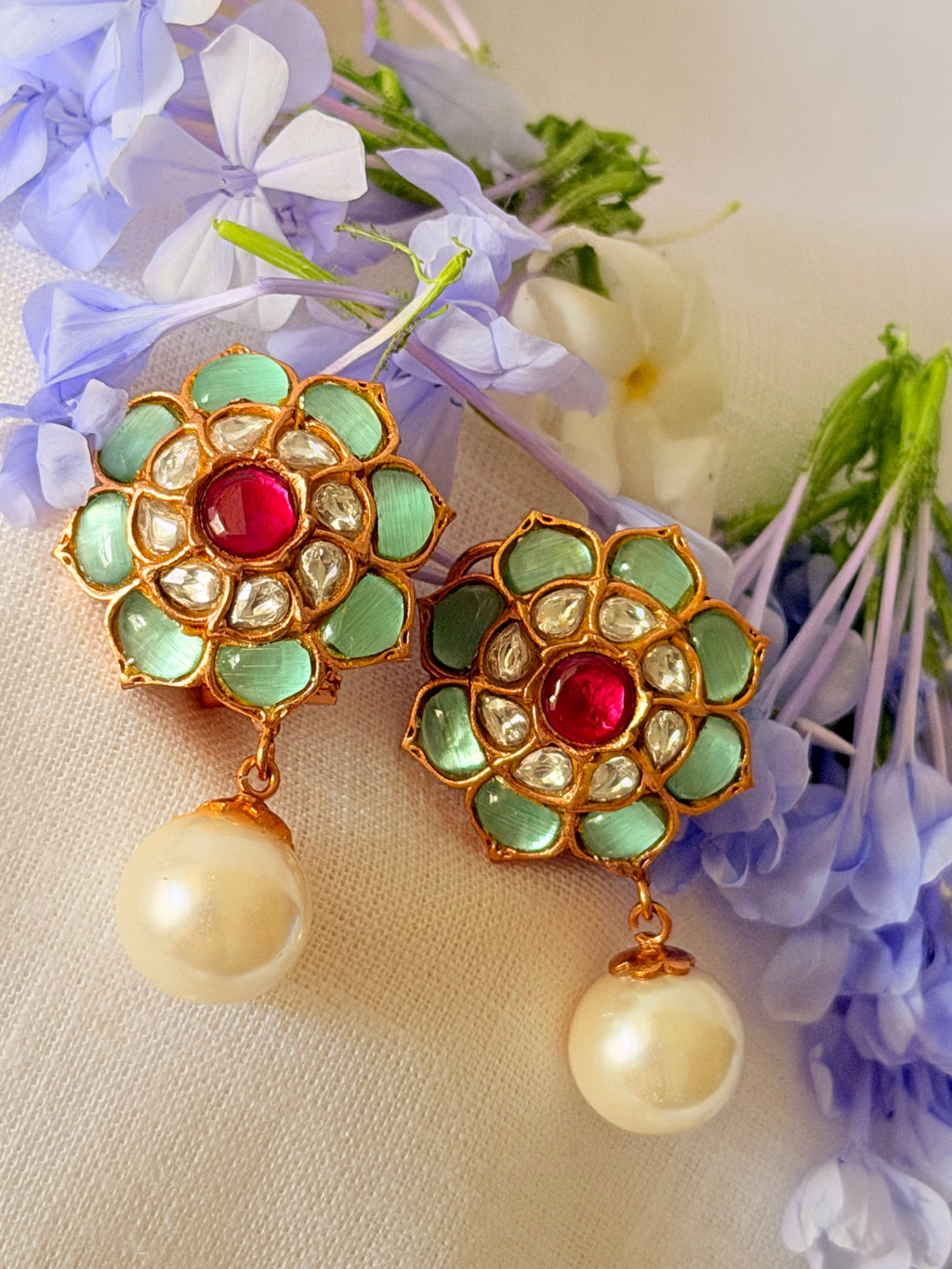 Florienne Polki Pearl Stud Earrings - Mint Green & Ruby (2)