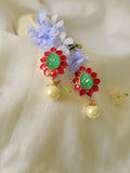 Maravelle Pearl Floral Stud Earrings - Mint Green & Red (1)