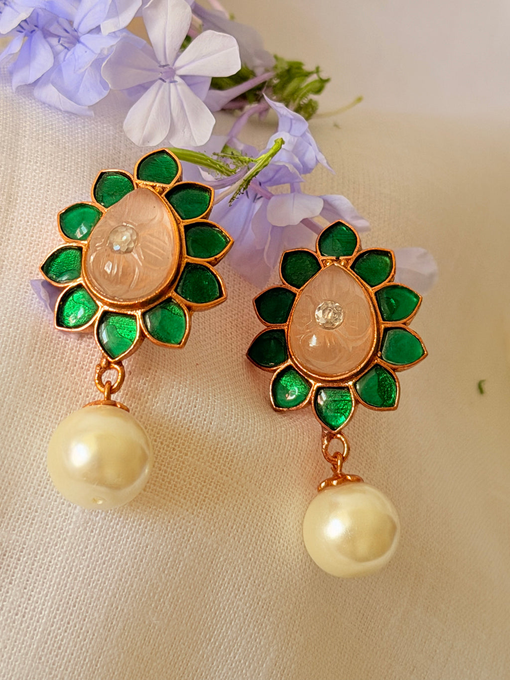 Maravelle Pearl Floral Stud Earrings - Pink & Green (1)