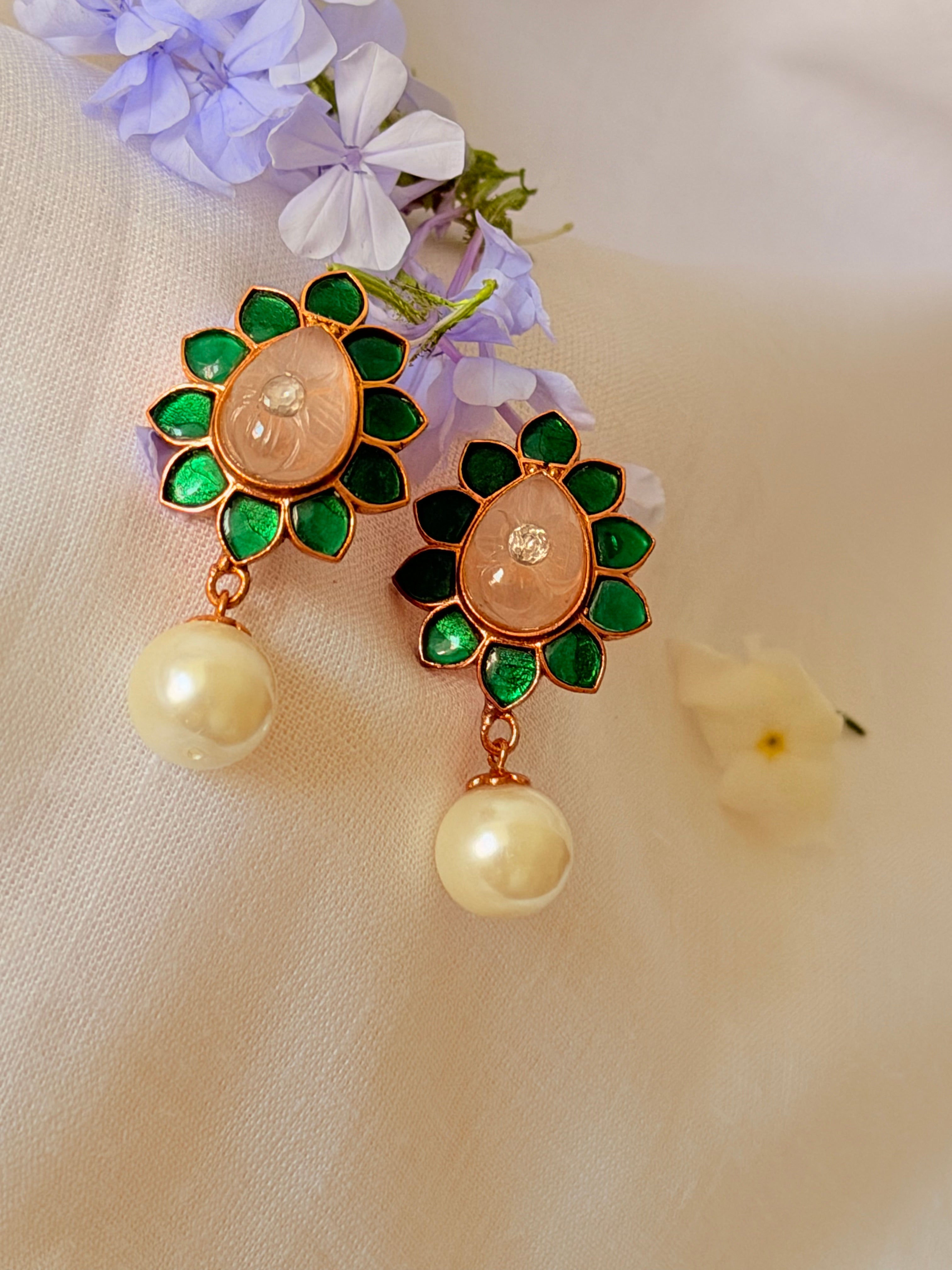 Maravelle Pearl Floral Stud Earrings - Pink & Green (2)