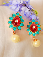 Maravelle Pearl Floral Stud Earrings - Red & Blue (1)