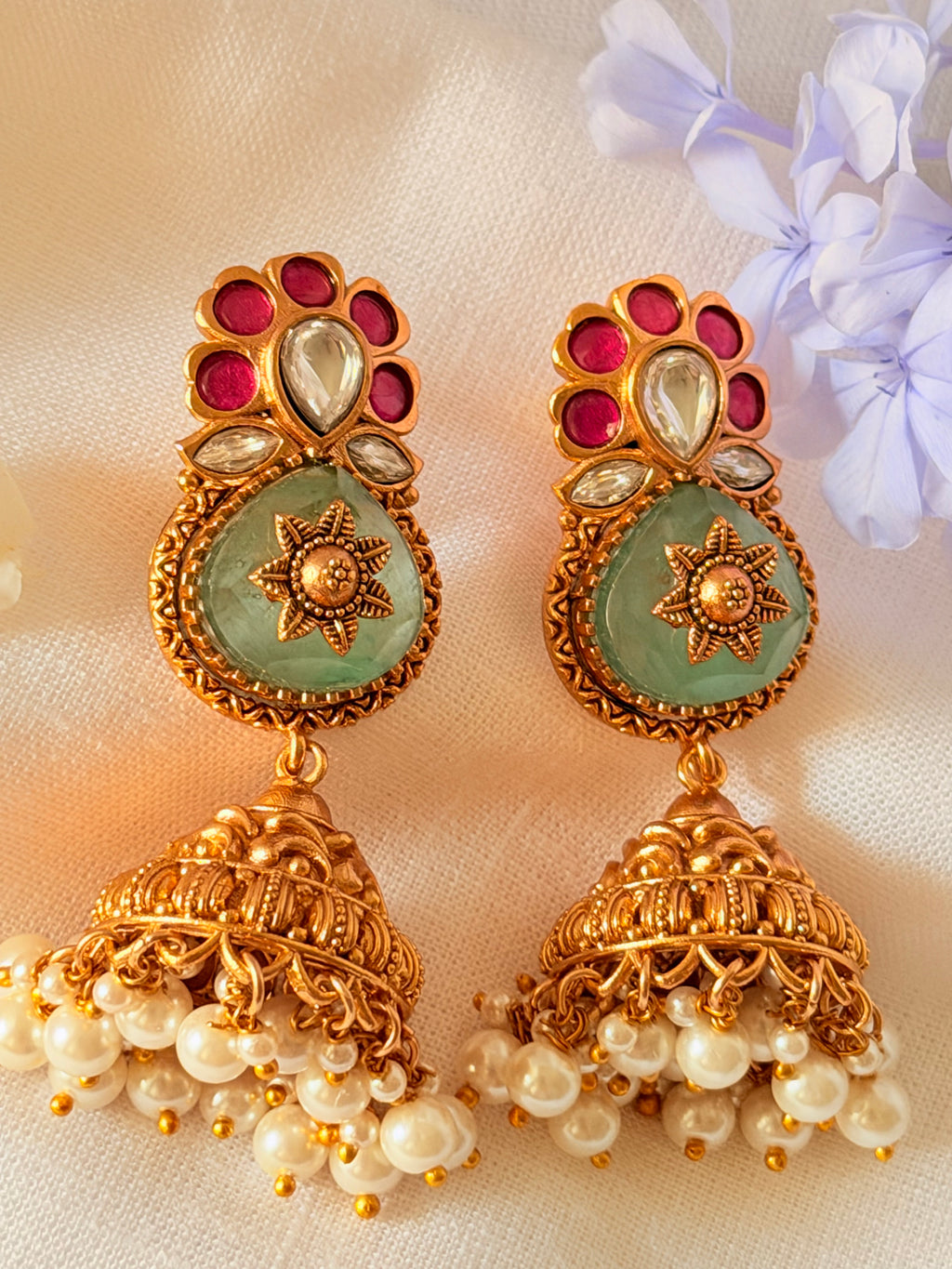 Vareesha Temple Pearl Jhumka Earrings - Green (1)