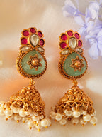 Vareesha Temple Pearl Jhumka Earrings - Green (1)