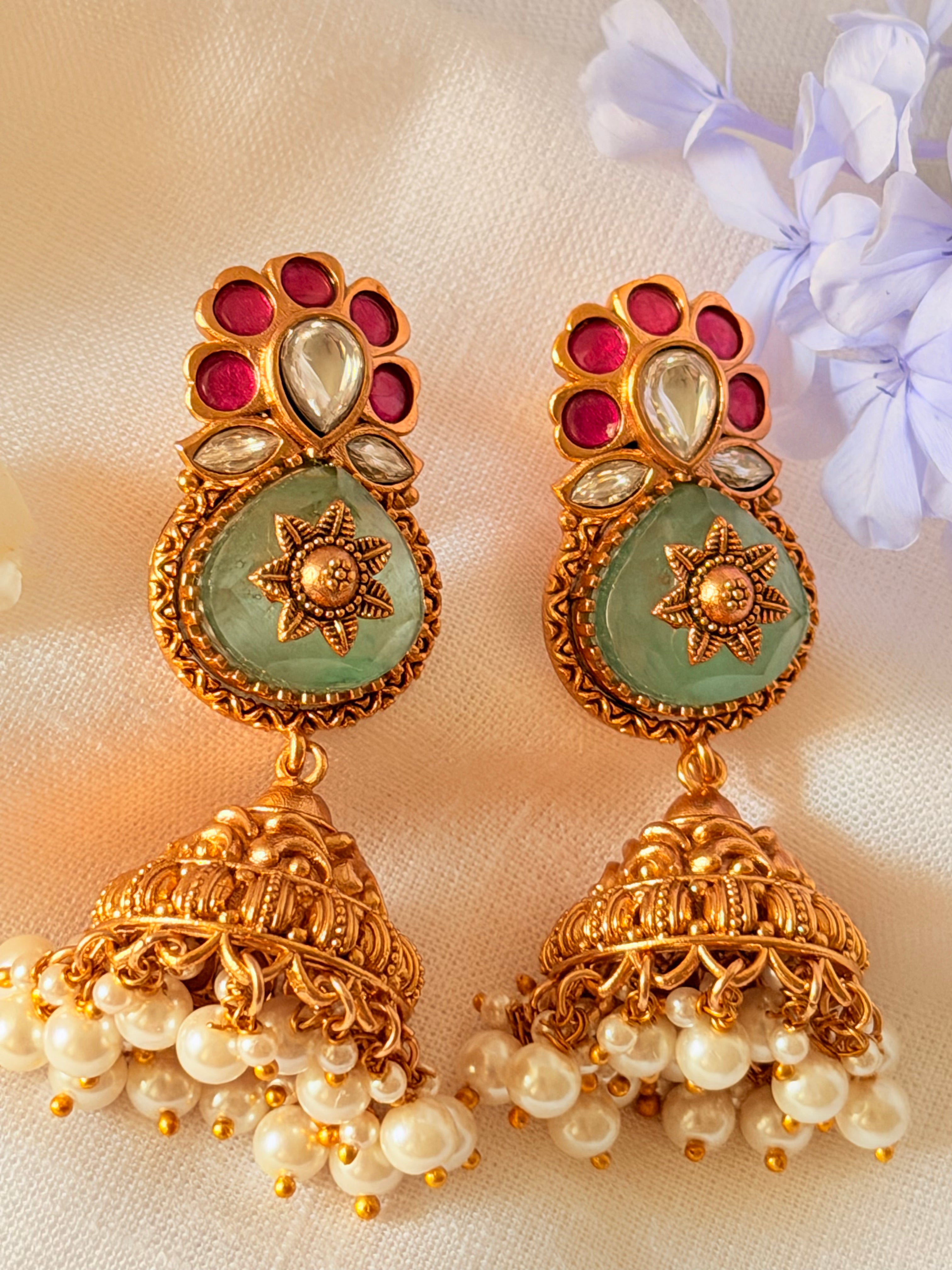 Vareesha Temple Pearl Jhumka Earrings - Green (1)