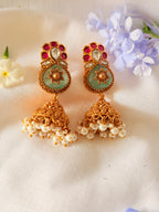 Vareesha Temple Pearl Jhumka Earrings - Green (2)