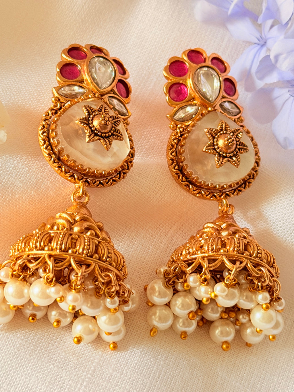 Vareesha Temple Pearl Jhumka Earrings - White (2)