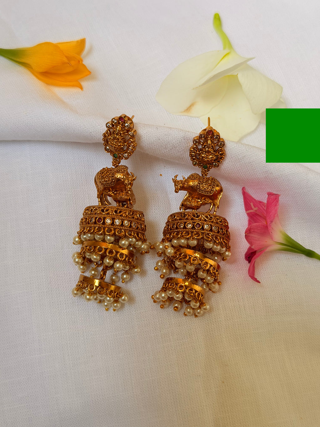 Gomatha Temple Triple Layer Pearl Jhumka Earrings - Gomatha Temple Triple Layer Pearl Jhumka Earrings (1)