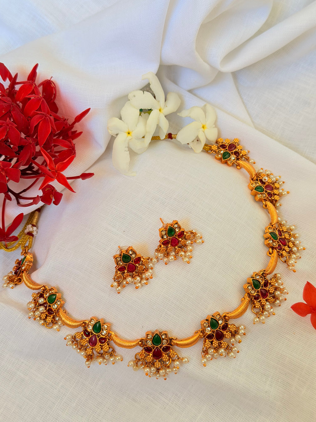 Tanirika Kemp Stone Floral Choker | Antique Gold Finish | Pearl Drops - Tanirika Kemp Stone Floral Choker | Antique Gold Finish | Pearl Drops (1)