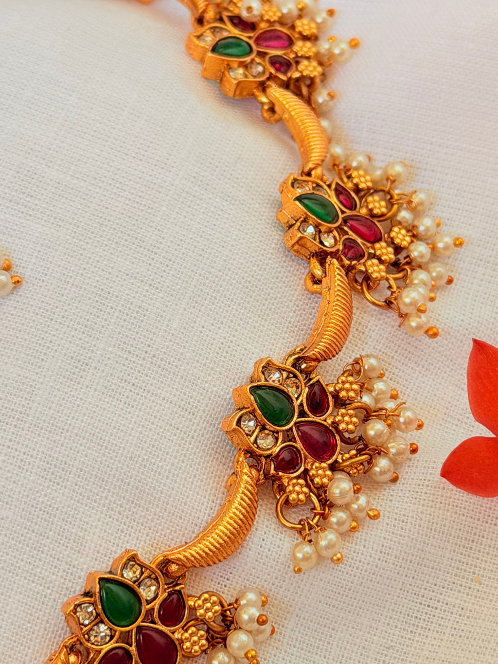 Tanirika Kemp Stone Floral Choker | Antique Gold Finish | Pearl Drops - Tanirika Kemp Stone Floral Choker | Antique Gold Finish | Pearl Drops (2)