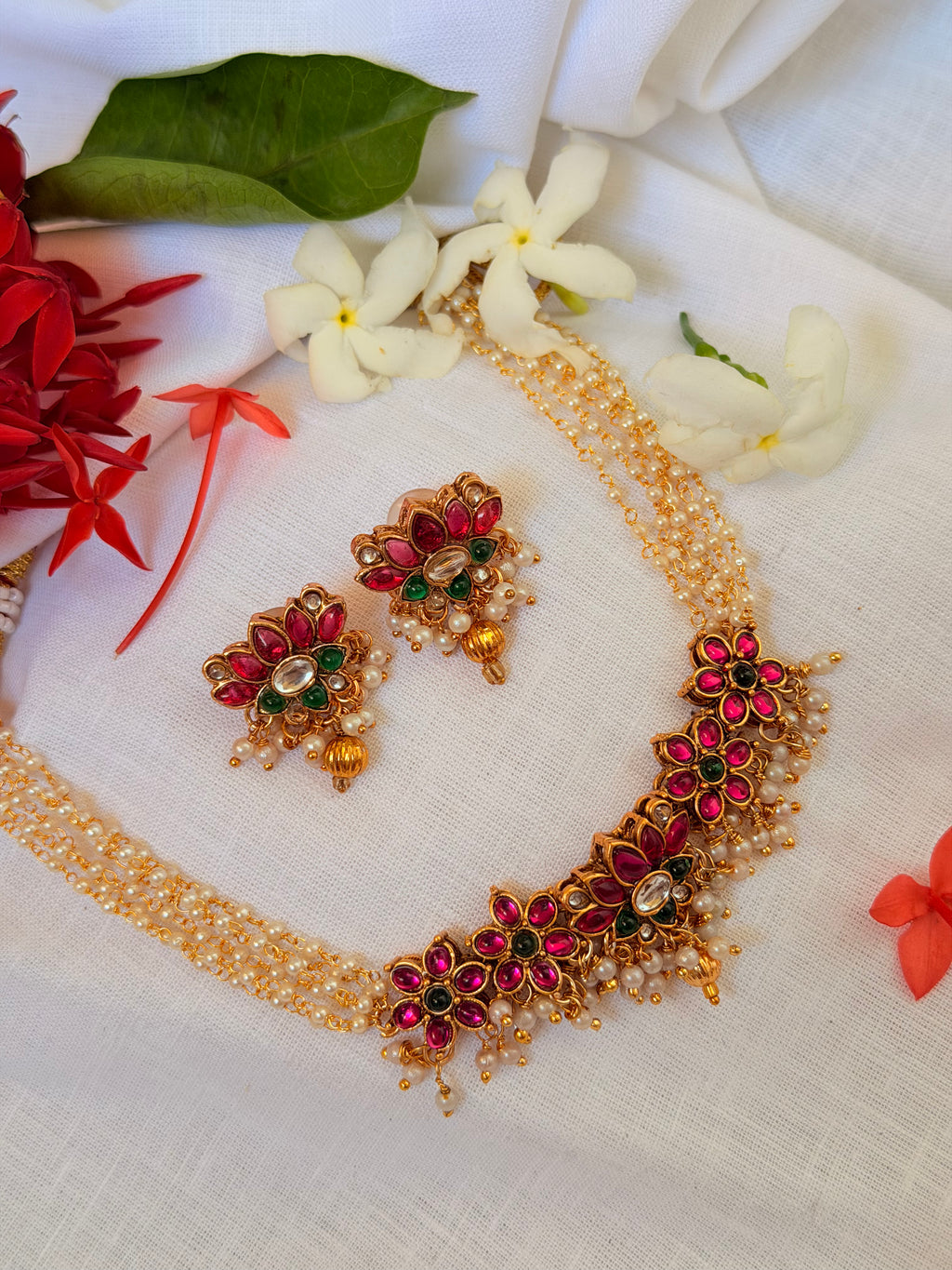 Pranvika Lotus Kemp Pearl Choker | Antique Gold Finish | Temple Jewellery - Pranvika Lotus Kemp Pearl Choker | Antique Gold Finish | Temple Jewellery (1)