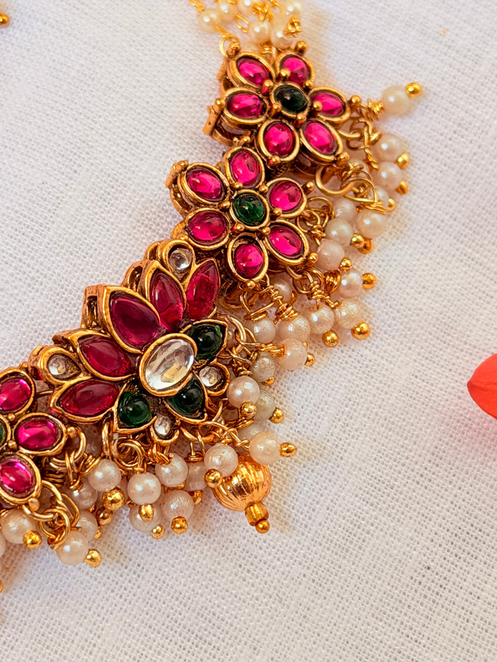 Pranvika Lotus Kemp Pearl Choker | Antique Gold Finish | Temple Jewellery - Pranvika Lotus Kemp Pearl Choker | Antique Gold Finish | Temple Jewellery (2)
