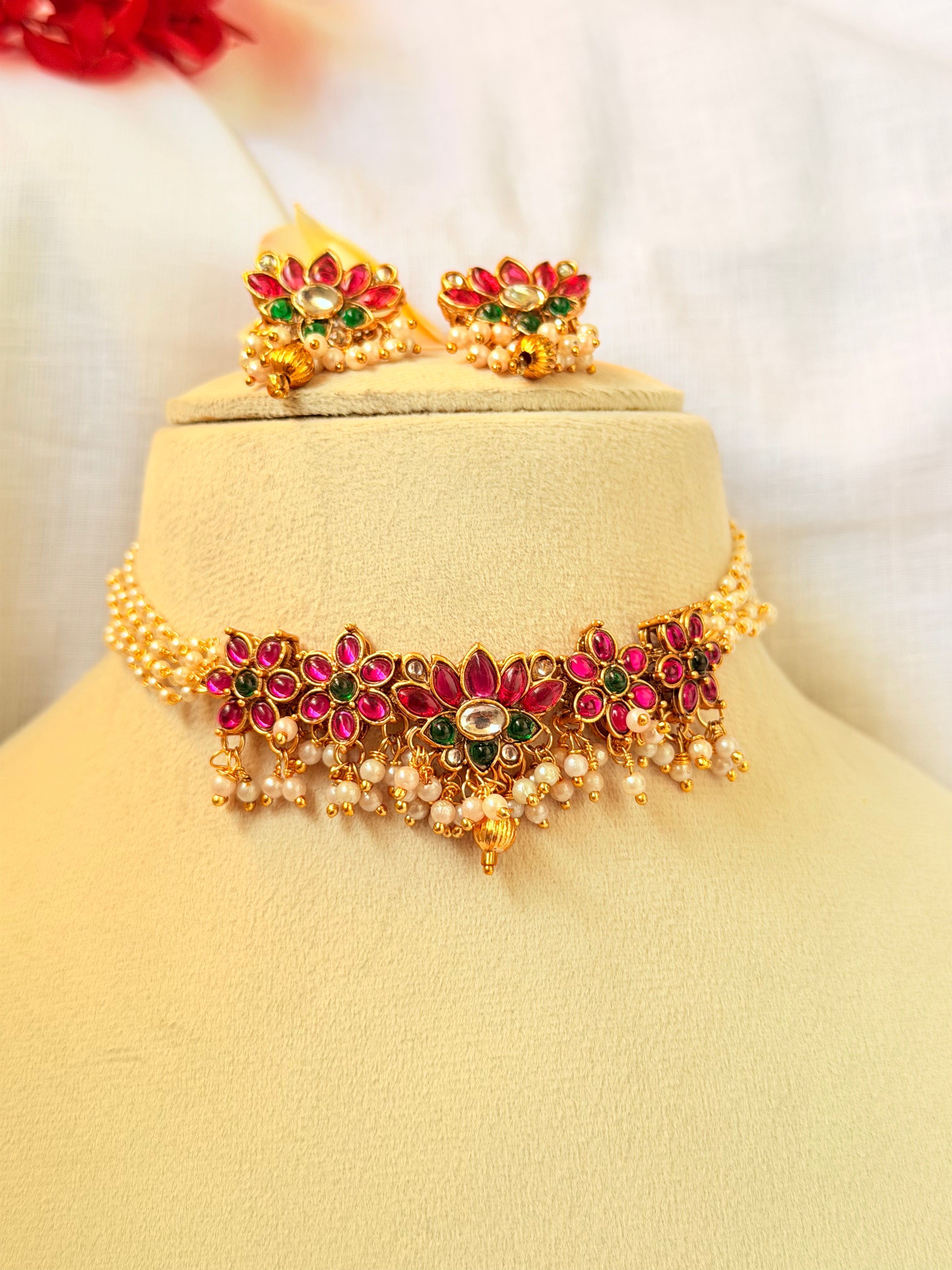 Pranvika Lotus Kemp Pearl Choker | Antique Gold Finish | Temple Jewellery - Pranvika Lotus Kemp Pearl Choker | Antique Gold Finish | Temple Jewellery (4)