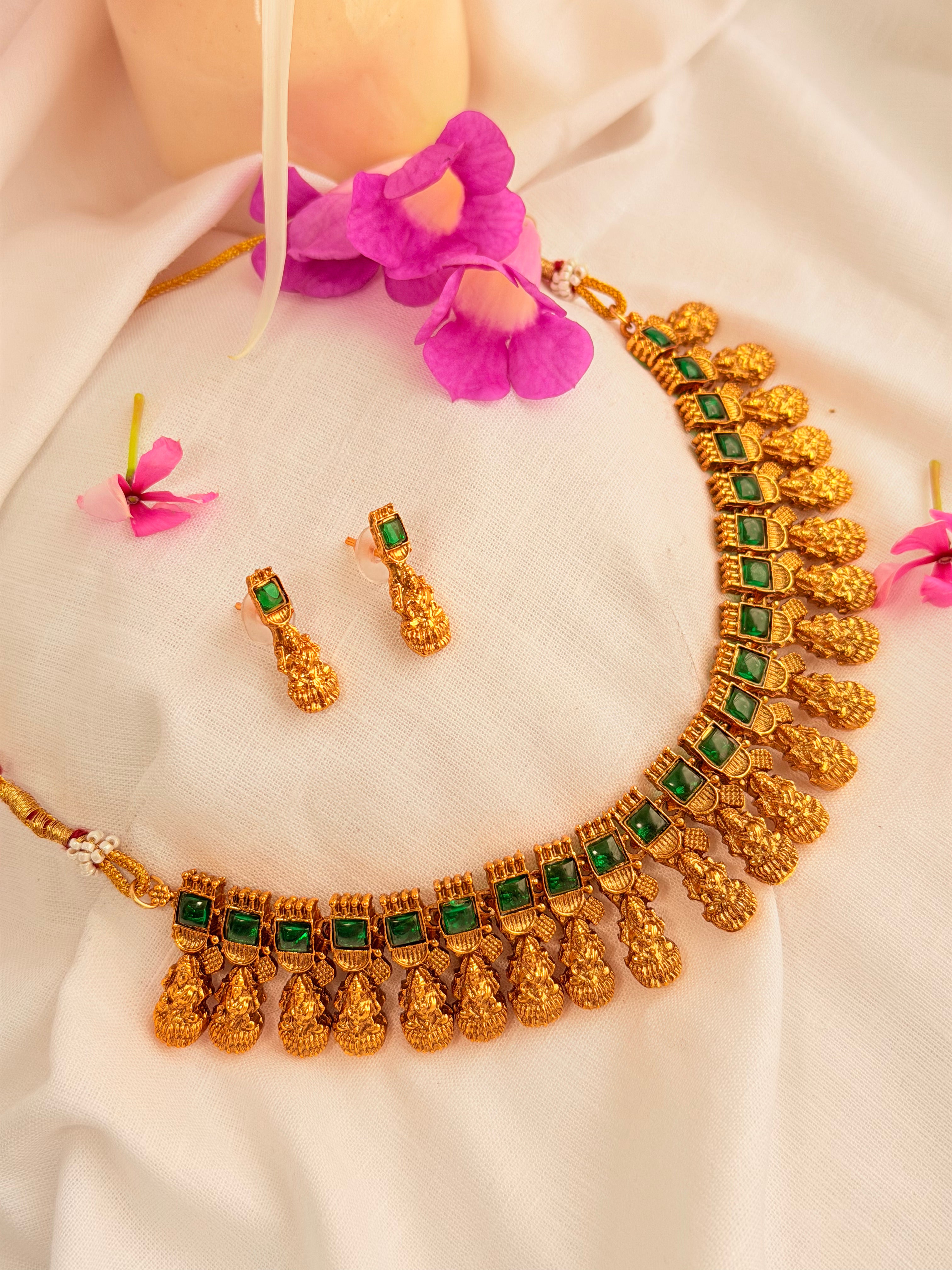 Ruvika Lakshmi Temple Necklace Set - Green (1)