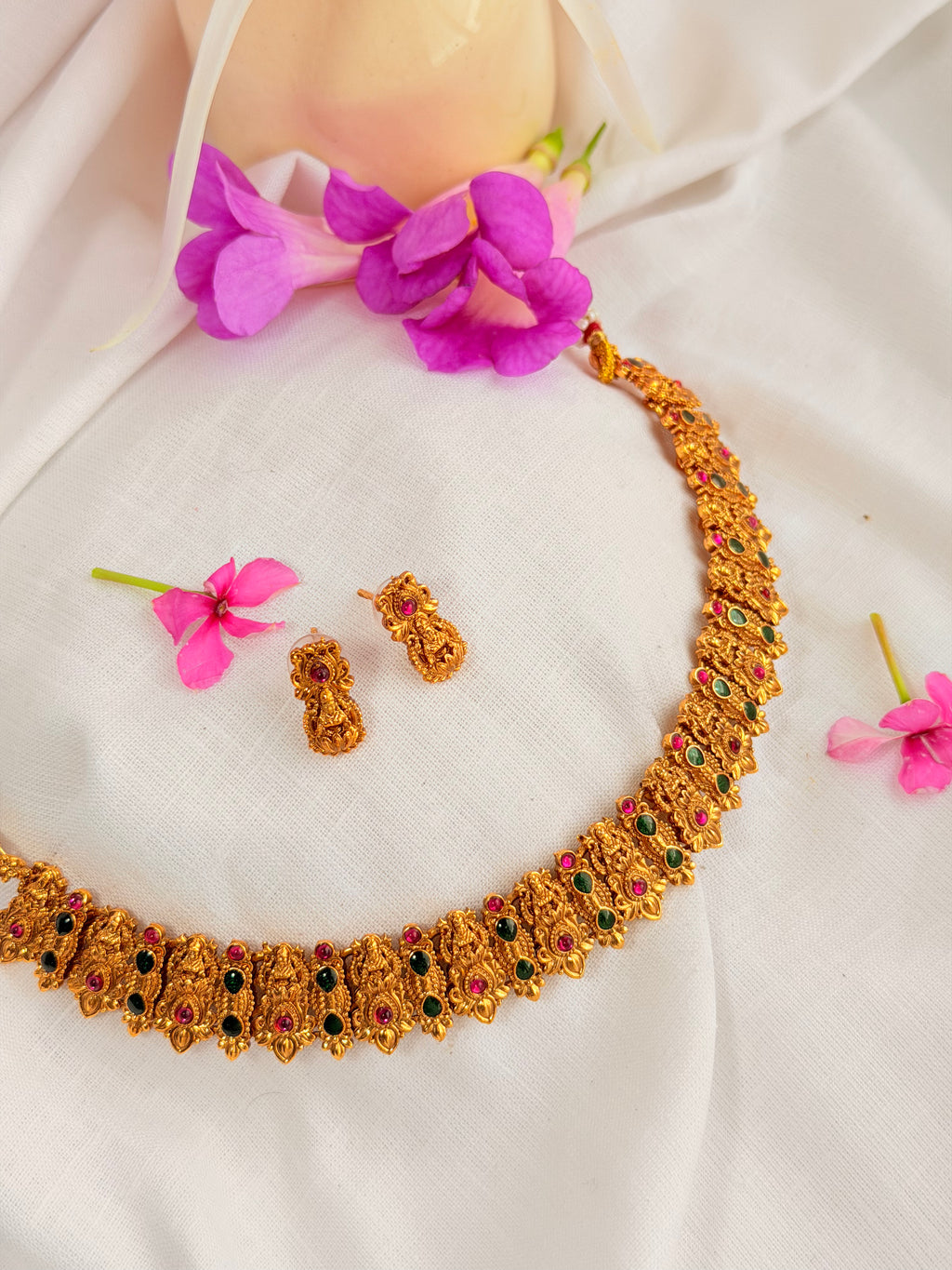 Aarunya Antique Lakshmi Temple Choker Necklace Set | Antique Gold Traditional Jewellery with Stud Earrings - Aarunya Antique Lakshmi Temple Choker Necklace Set | Antique Gold Traditional Jewellery with Stud Earrings (1)