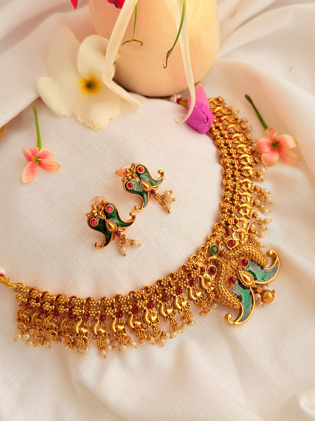 Poovam Kerala Enamel Peacock Necklace Set | Antique Gold Traditional Jewellery - Poovam Kerala Enamel Peacock Necklace Set | Antique Gold Traditional Jewellery (1)