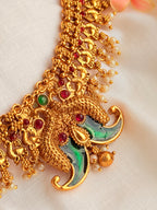 Poovam Kerala Enamel Peacock Necklace Set | Antique Gold Traditional Jewellery - Poovam Kerala Enamel Peacock Necklace Set | Antique Gold Traditional Jewellery (2)