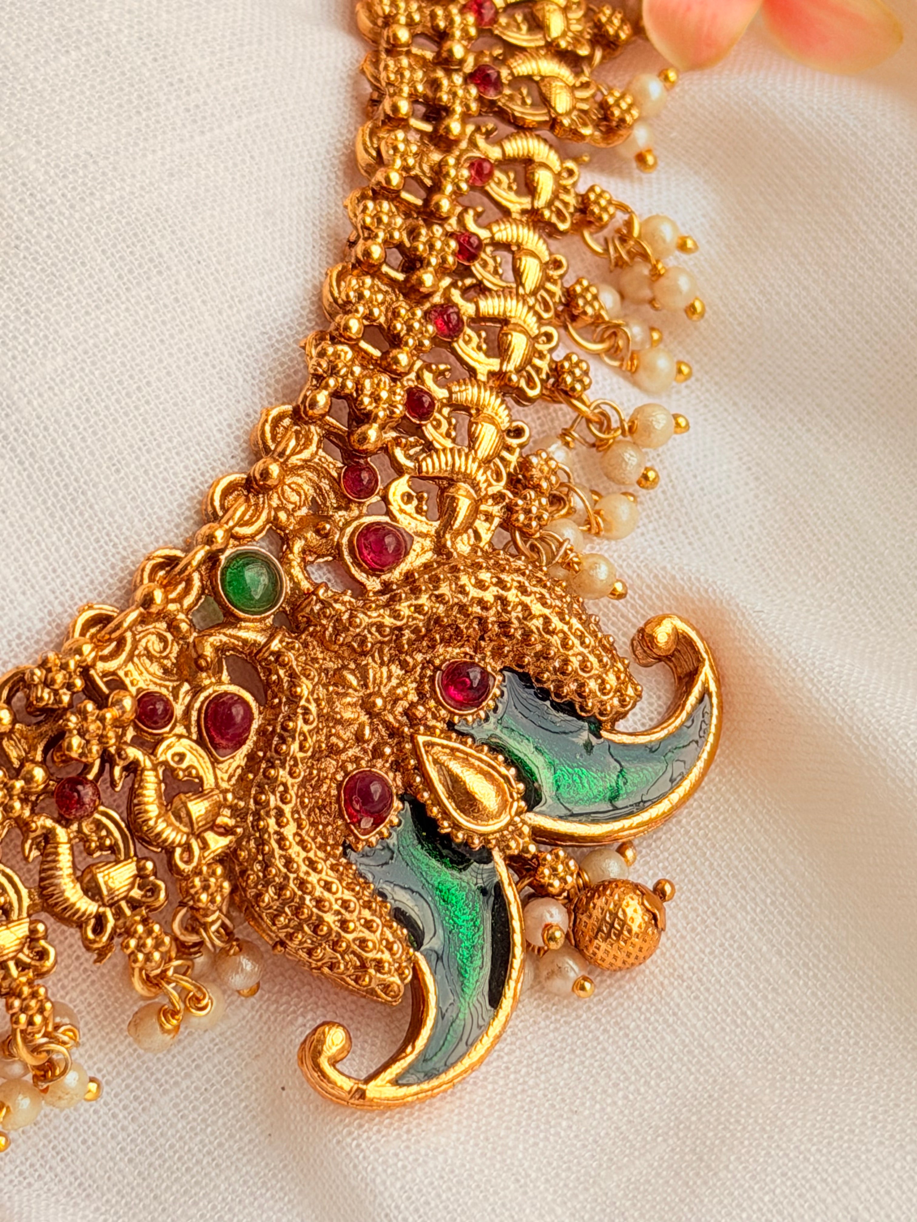 Poovam Kerala Enamel Peacock Necklace Set | Antique Gold Traditional Jewellery - Poovam Kerala Enamel Peacock Necklace Set | Antique Gold Traditional Jewellery (2)