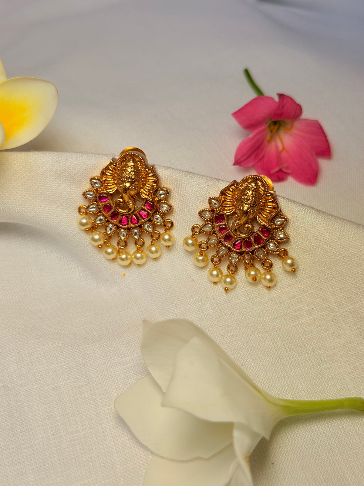 Ganesha Jadau Pearl Stud Earrings