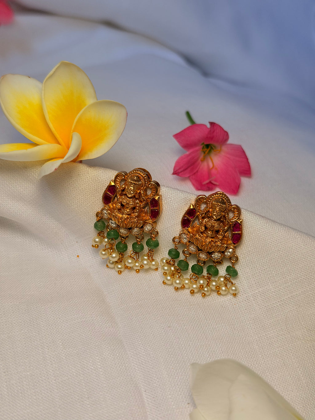 Lakshmi Temple Stud Earrings with Green Beads & Pearls - Lakshmi Temple Stud Earrings with Green Beads & Pearls (1)