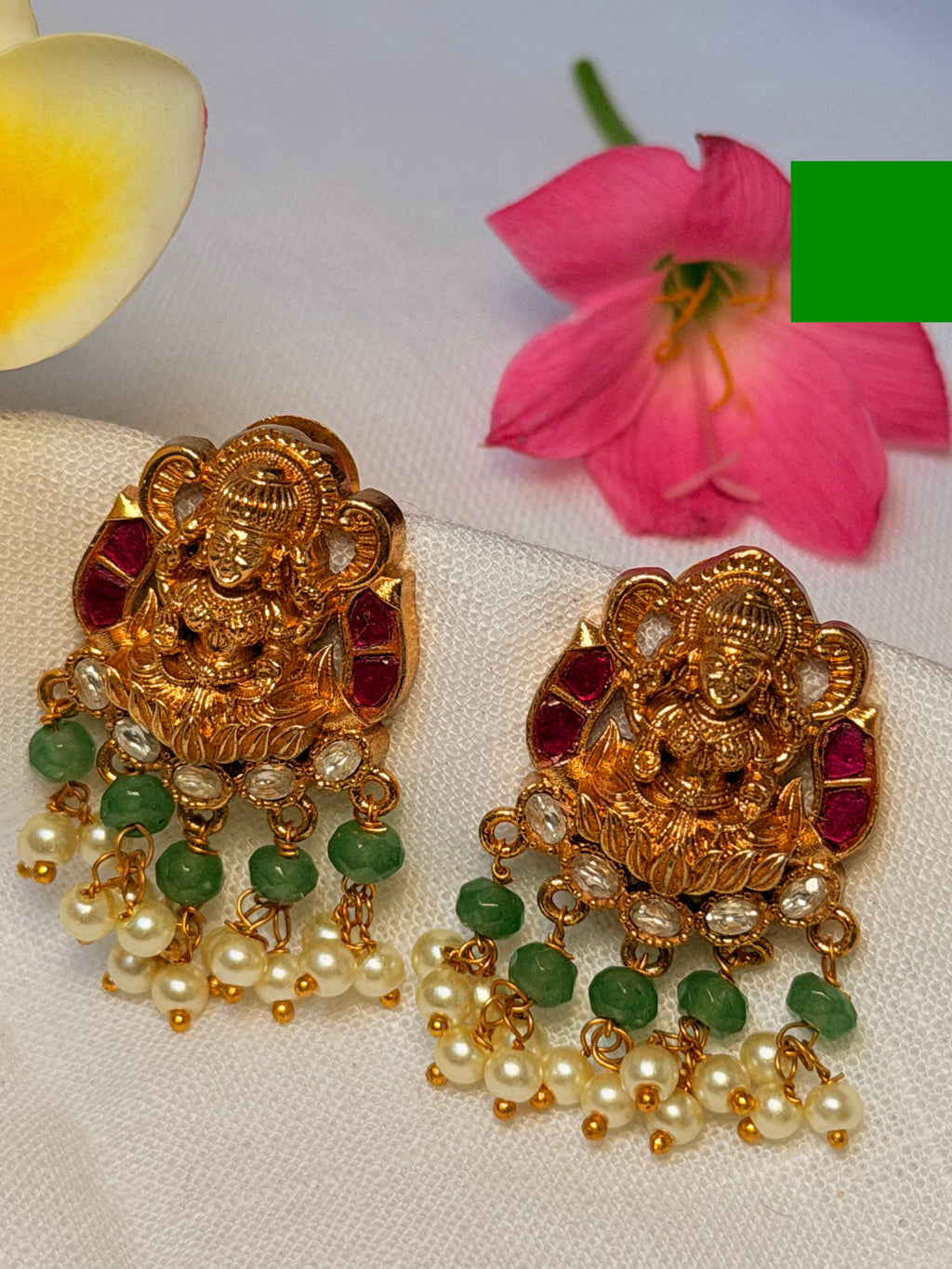 Lakshmi Temple Stud Earrings with Green Beads & Pearls - Lakshmi Temple Stud Earrings with Green Beads & Pearls (2)