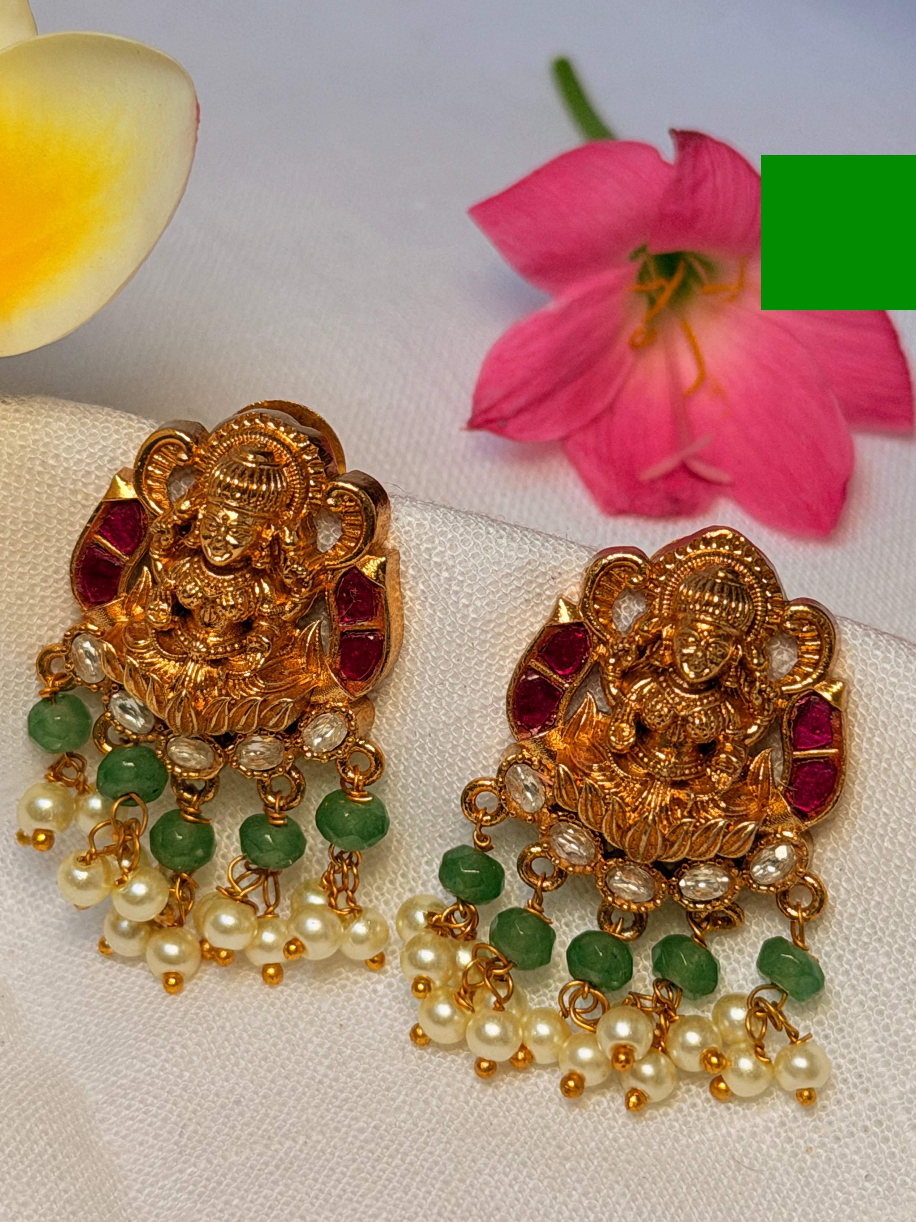 Lakshmi Temple Stud Earrings with Green Beads & Pearls - Lakshmi Temple Stud Earrings with Green Beads & Pearls (2)