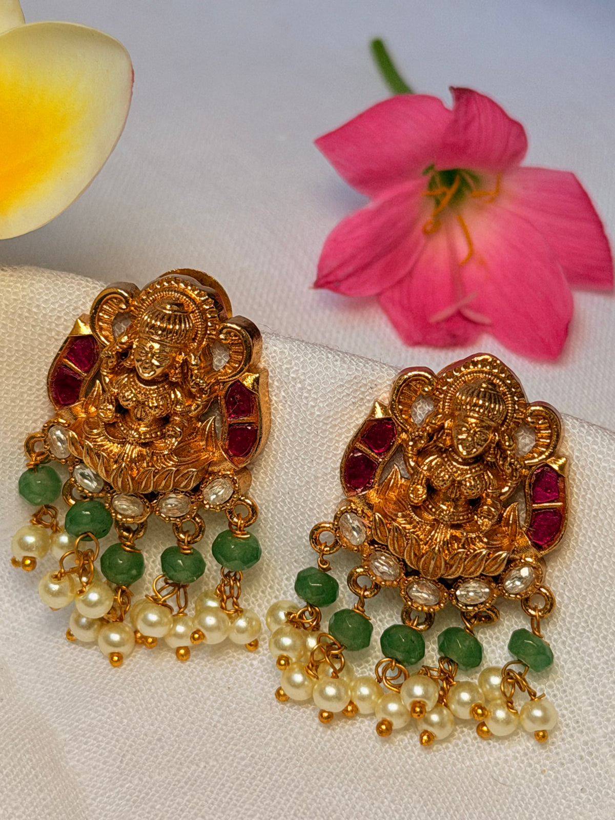 Lakshmi Temple Stud Earrings with Green Beads & Pearls