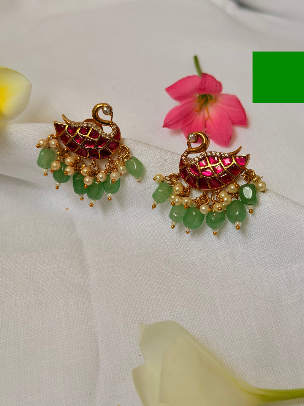 Annam Jadau Stud Earrings with Green Beads & Pearls - Annam Jadau Stud Earrings with Green Beads & Pearls (1)