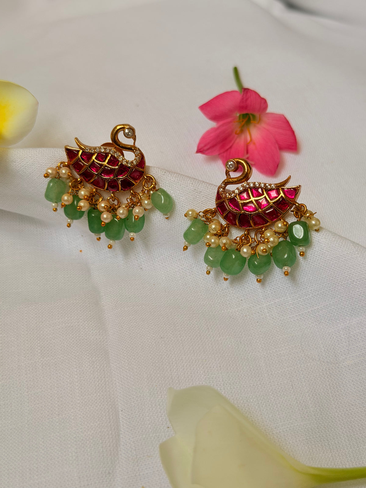 Annam Jadau Stud Earrings with Green Beads & Pearls