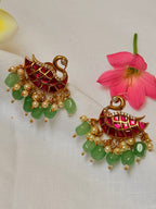 Annam Jadau Stud Earrings with Green Beads & Pearls - Annam Jadau Stud Earrings with Green Beads & Pearls (2)